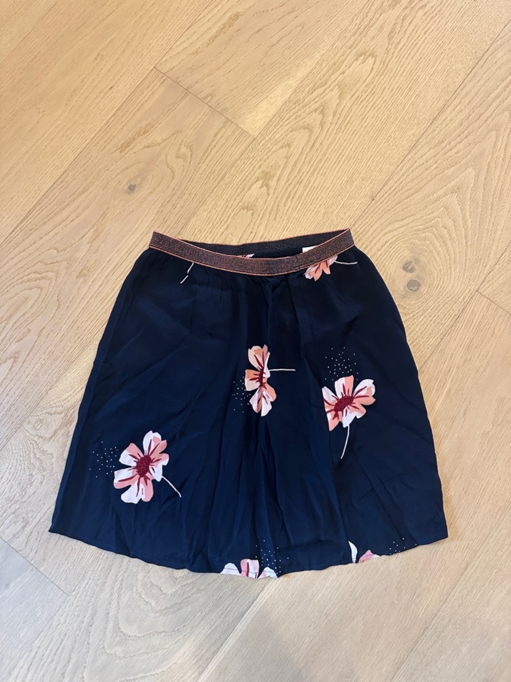 Des Petit Hauts - Navy Floral A-Line Skirt with Pink Blossom Print